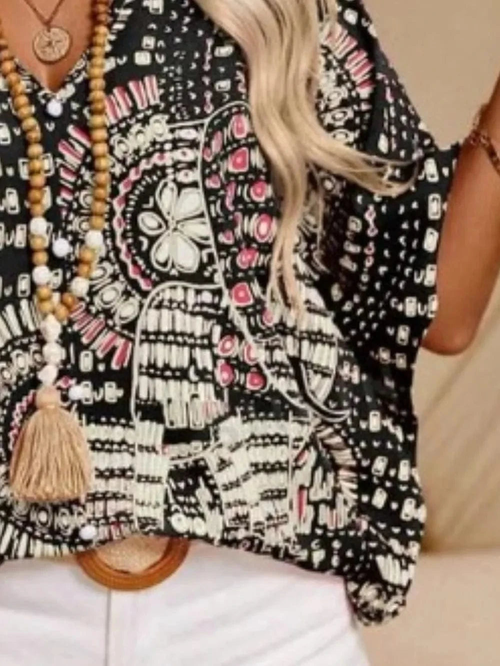 Printed V - Neck Half Sleeve Top - ShalayeFashion