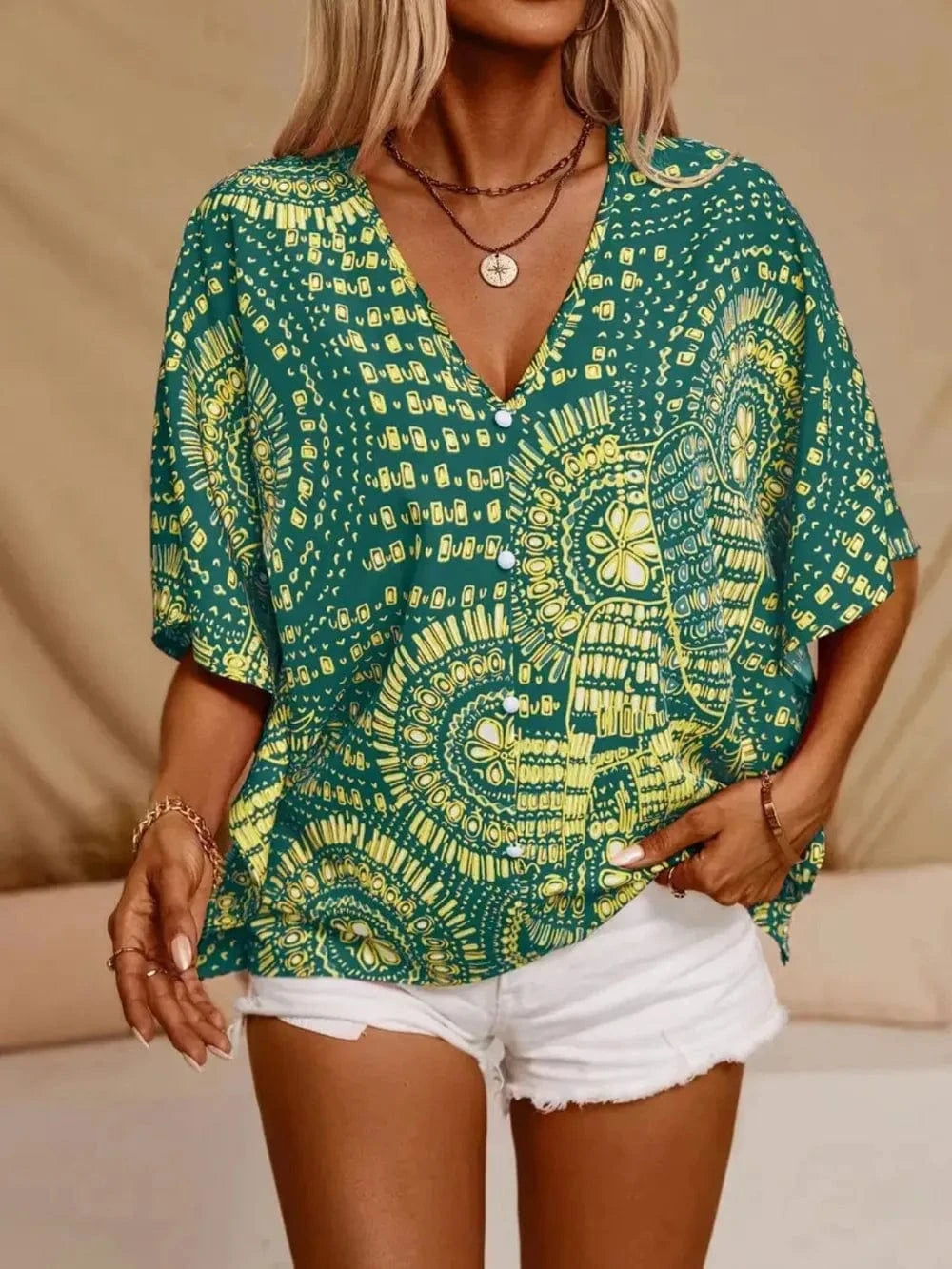 Printed V - Neck Half Sleeve Top - ShalayeFashion