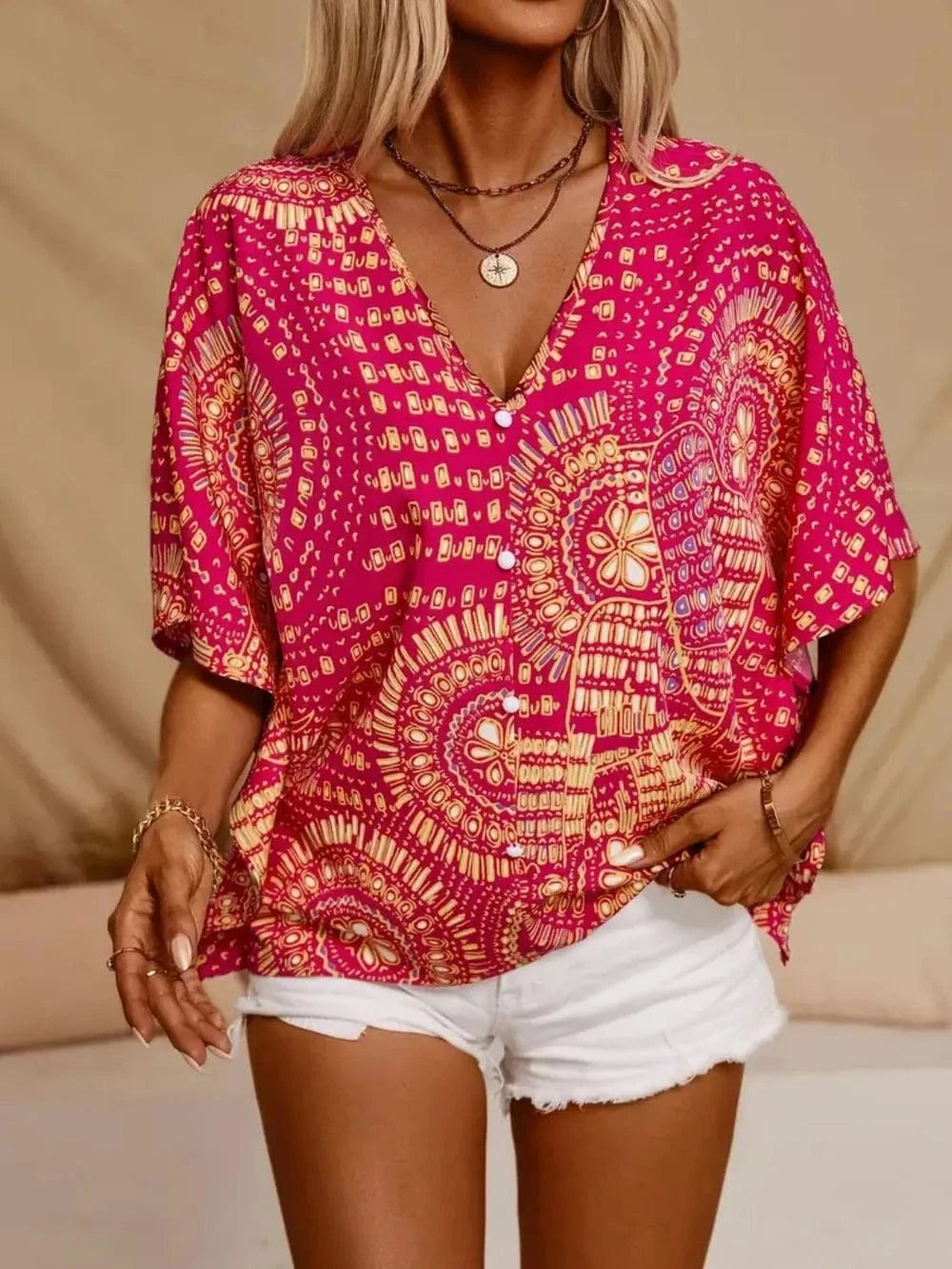 Printed V - Neck Half Sleeve Top - ShalayeFashion