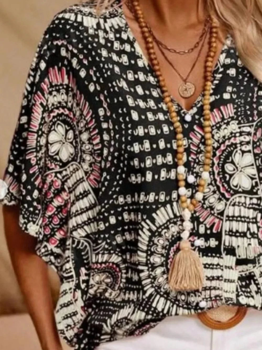 Printed V - Neck Half Sleeve Top - ShalayeFashion