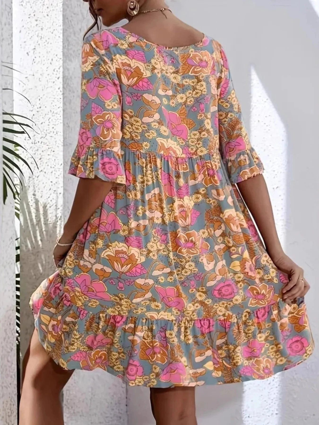 Printed V - Neck Tiered Dress - ShalayeFashion