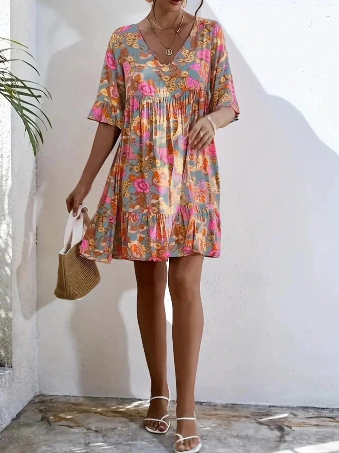 Printed V - Neck Tiered Dress - ShalayeFashion