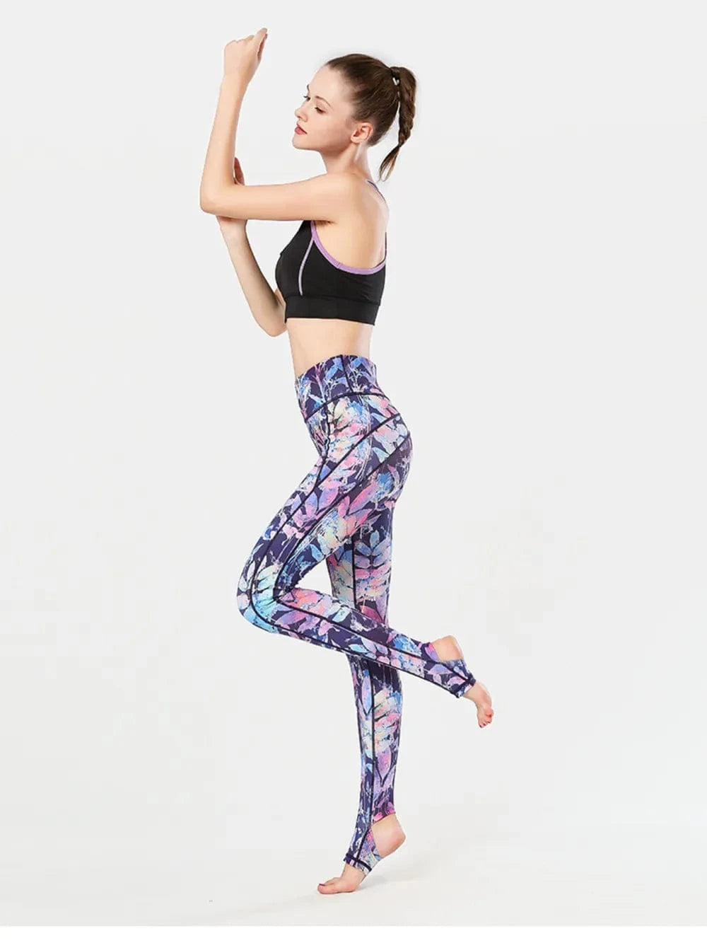 Printed Wide Waistband Active Leggings with Stirrups - ShalayeFashion