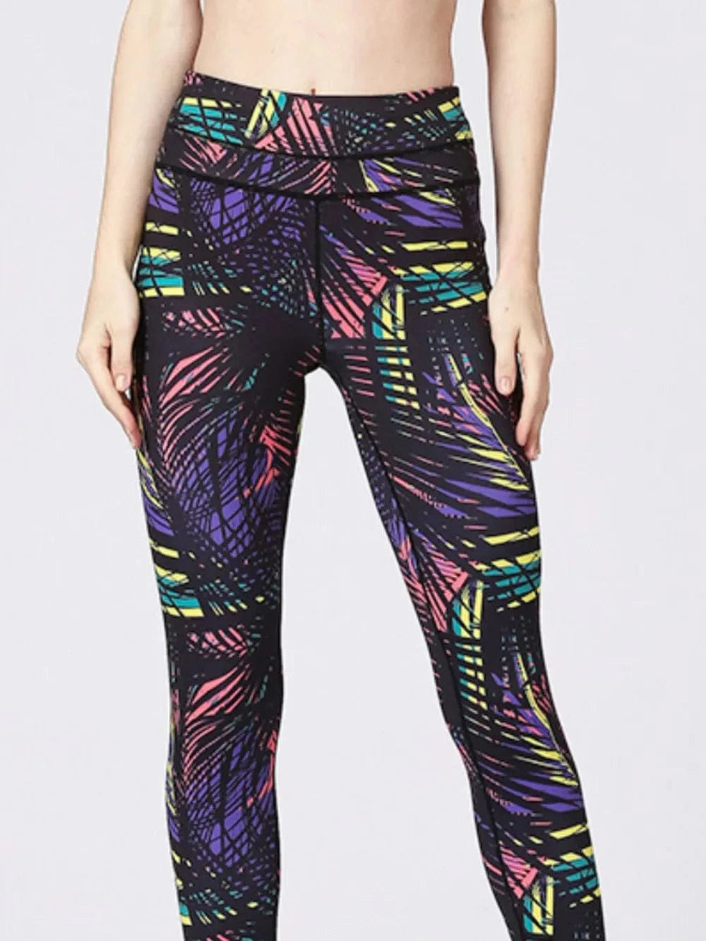 Printed Wide Waistband Active Leggings with Stirrups - ShalayeFashion