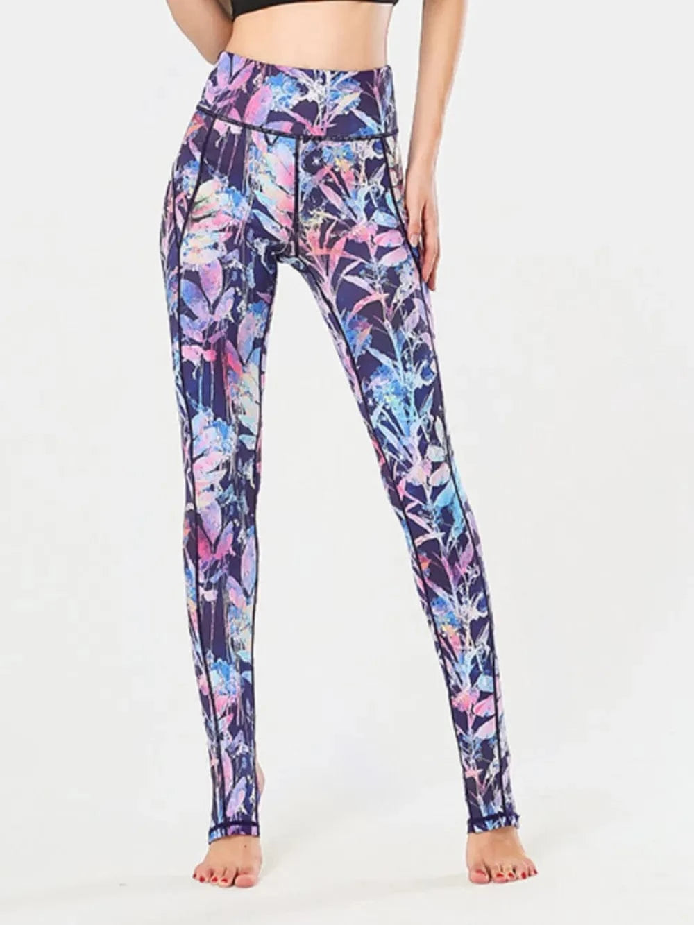 Printed Wide Waistband Active Leggings with Stirrups - ShalayeFashion