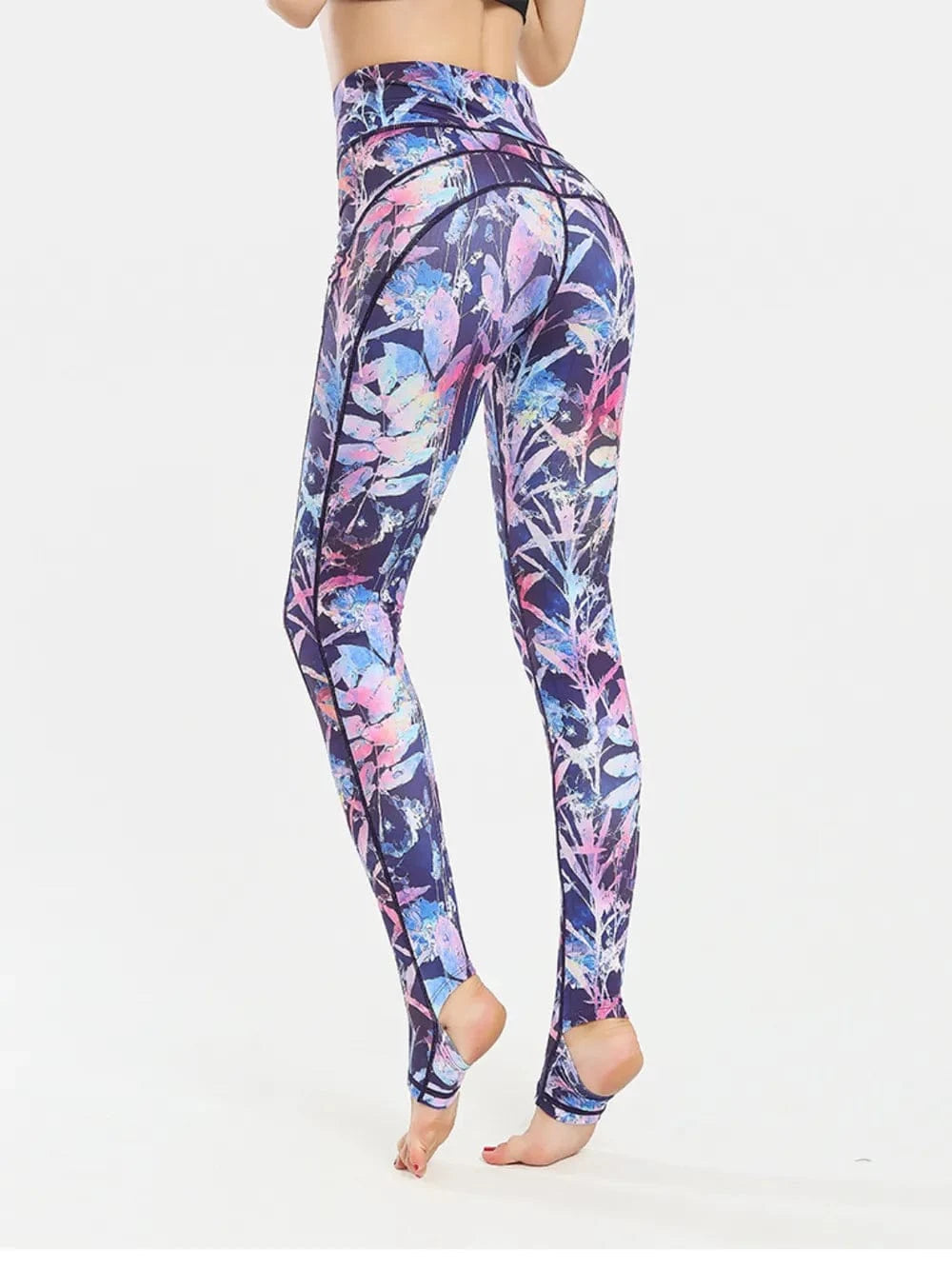 Printed Wide Waistband Active Leggings with Stirrups - ShalayeFashion