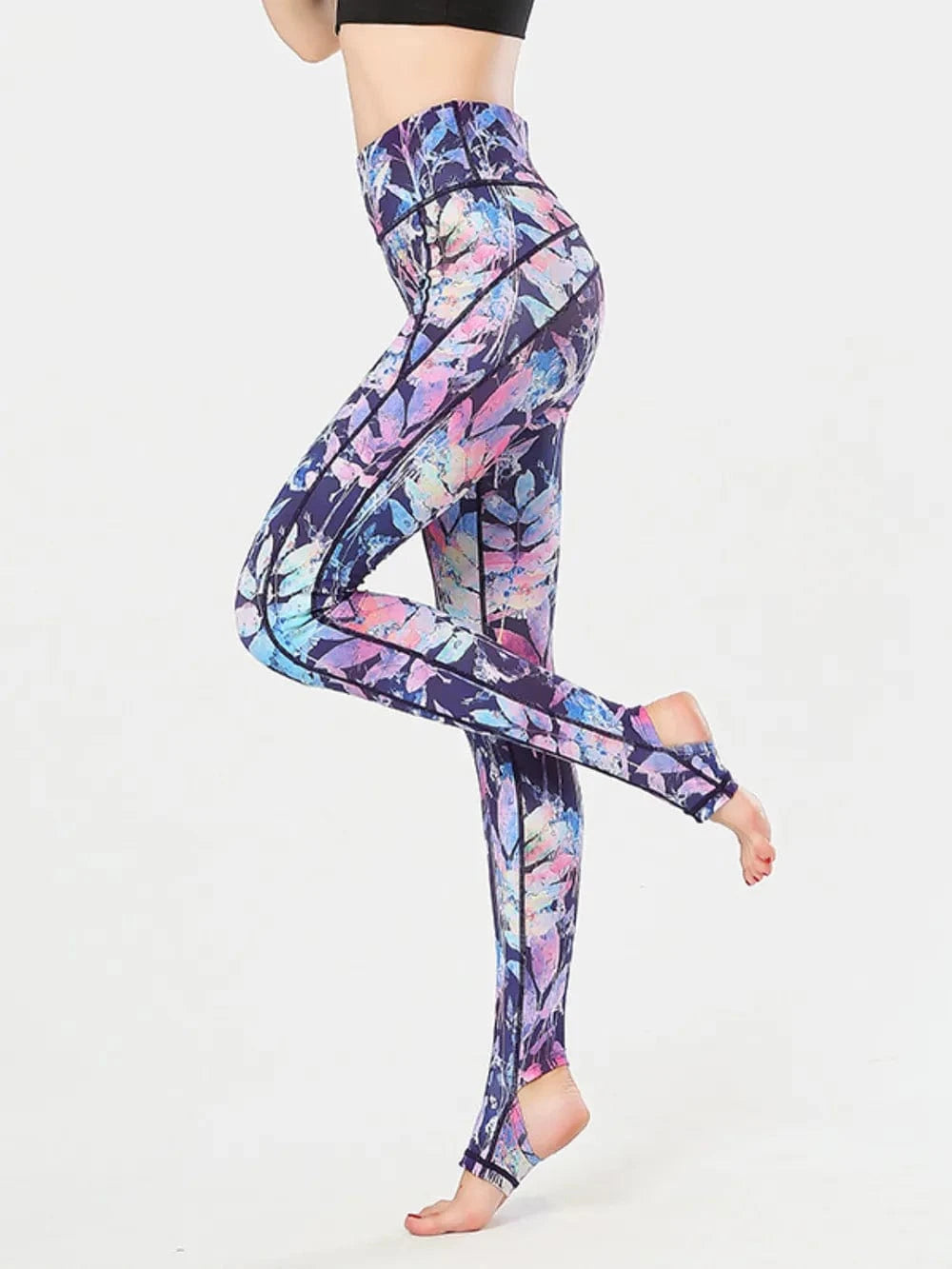 Printed Wide Waistband Active Leggings with Stirrups - ShalayeFashion