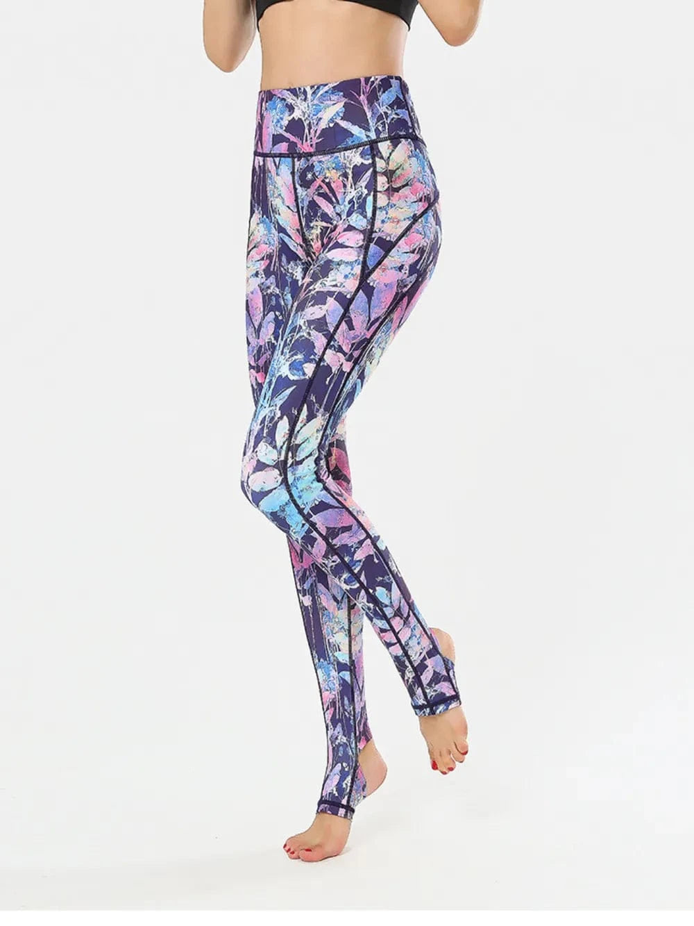 Printed Wide Waistband Active Leggings with Stirrups - ShalayeFashion