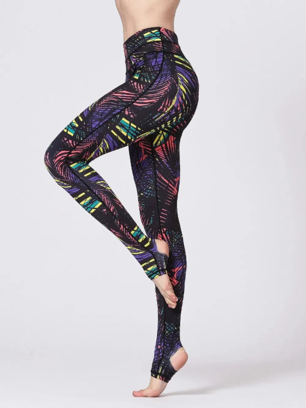Printed Wide Waistband Active Leggings with Stirrups - ShalayeFashion