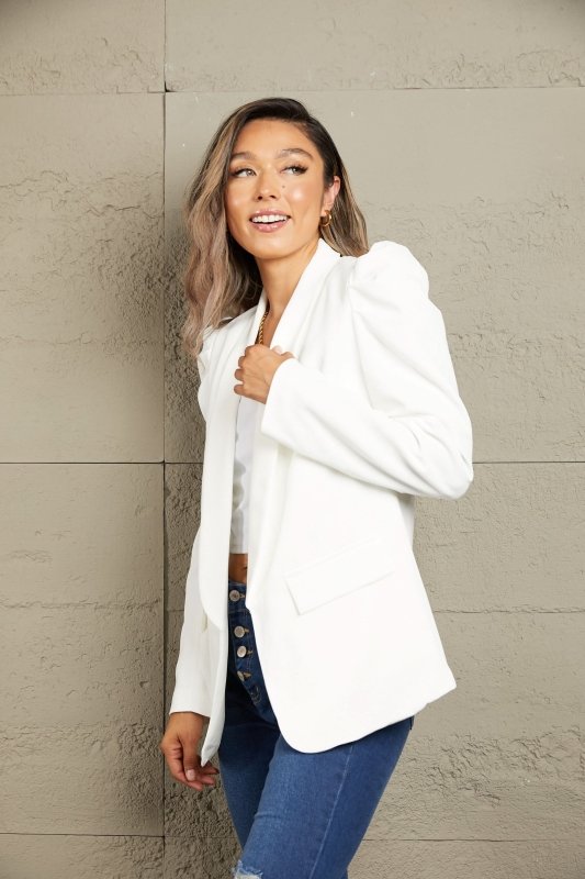 Puff Sleeve Shawl Collar Blazer - ShalayeFashion