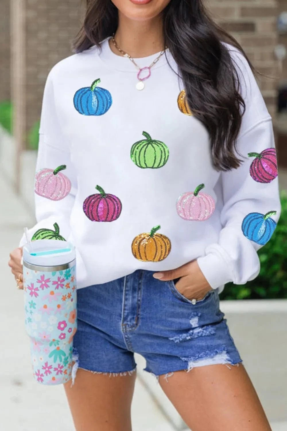 Pumpkin Round Neck Long Sleeve Sweatshirt - ShalayeFashion