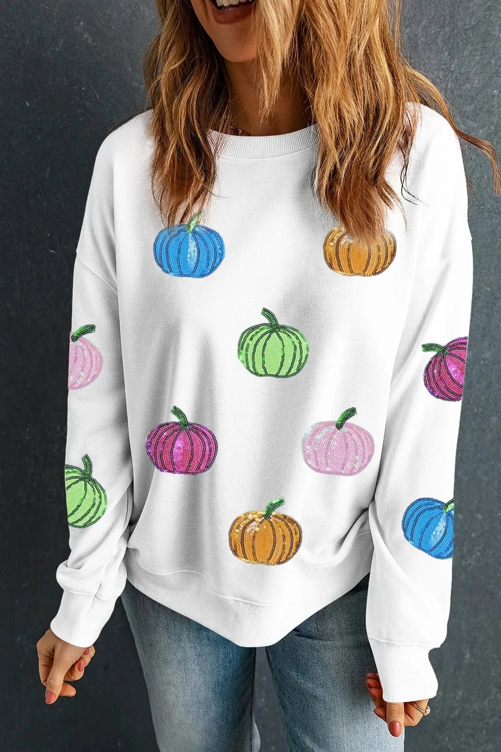 Pumpkin Round Neck Long Sleeve Sweatshirt - ShalayeFashion