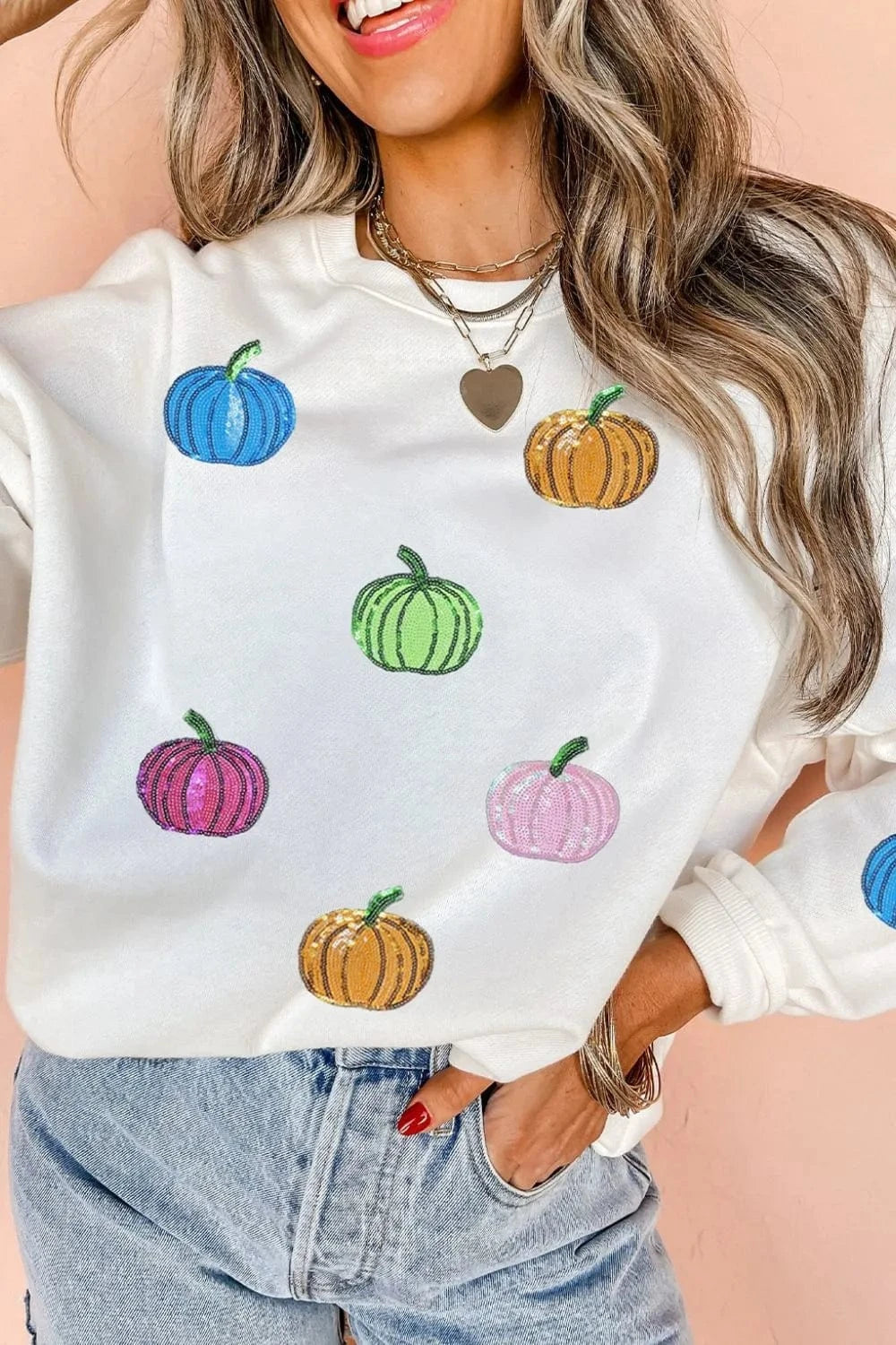 Pumpkin Round Neck Long Sleeve Sweatshirt - ShalayeFashion