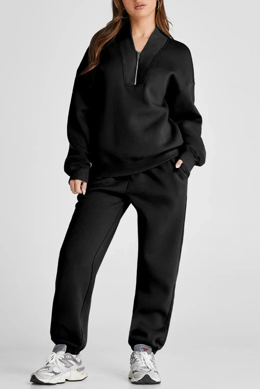 Quarter Zip Long Sleeve Top and Pants Set - ShalayeFashion