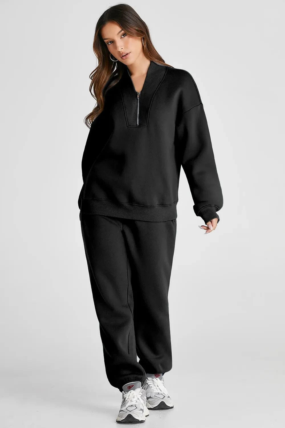 Quarter Zip Long Sleeve Top and Pants Set - ShalayeFashion