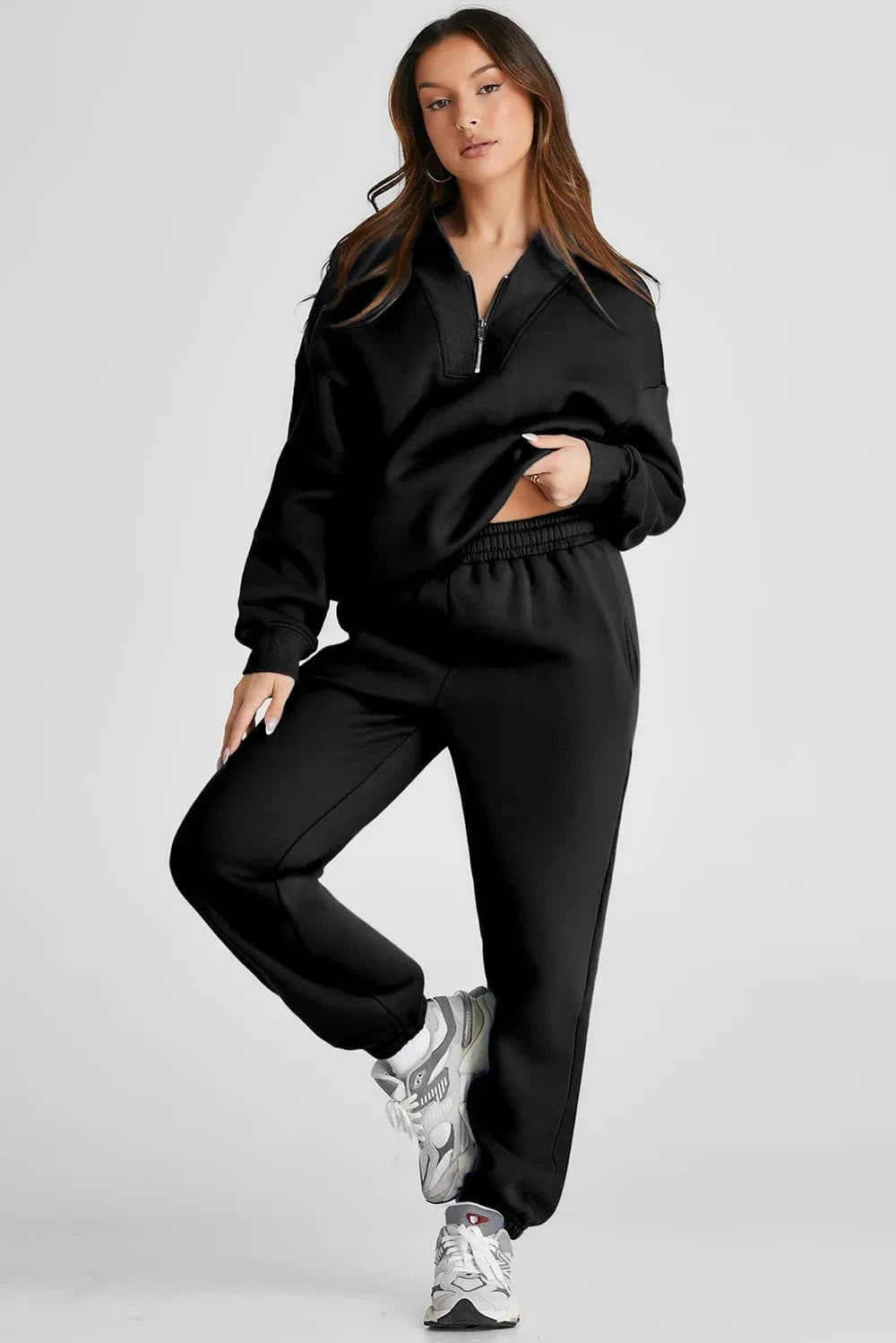 Quarter Zip Long Sleeve Top and Pants Set - ShalayeFashion