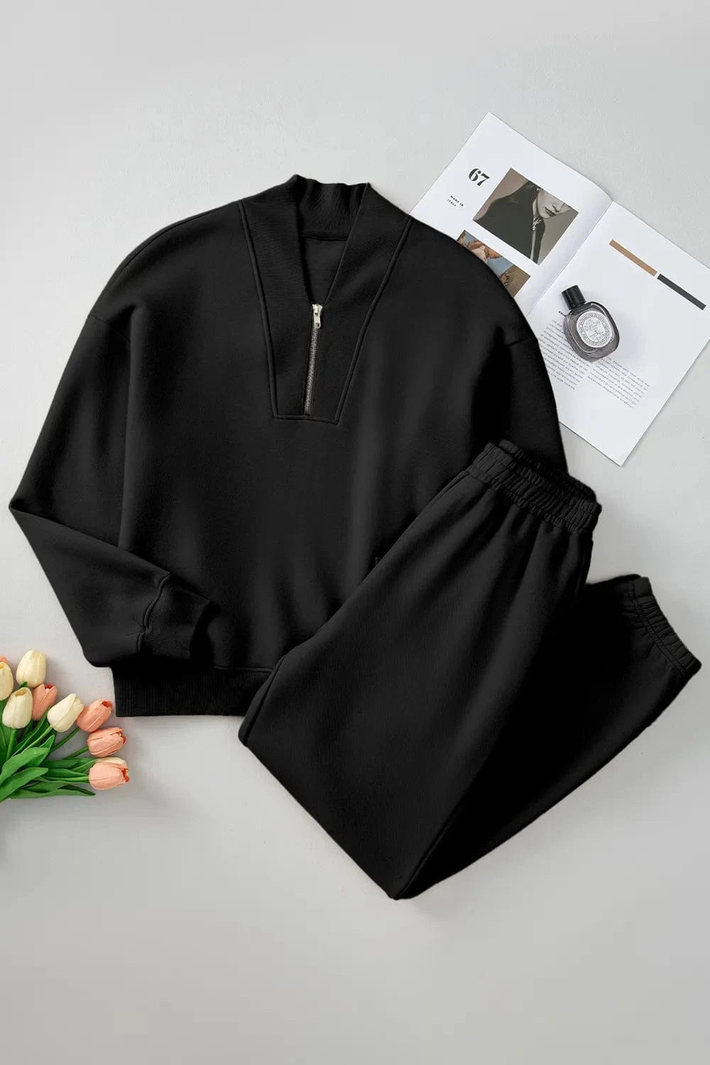 Quarter Zip Long Sleeve Top and Pants Set - ShalayeFashion