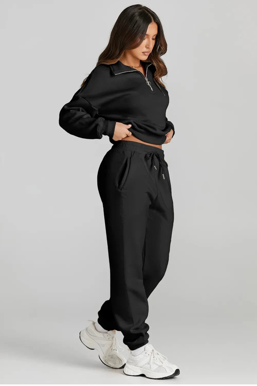 Quarter Zip Top and Drawstring Pants Active Set - ShalayeFashion