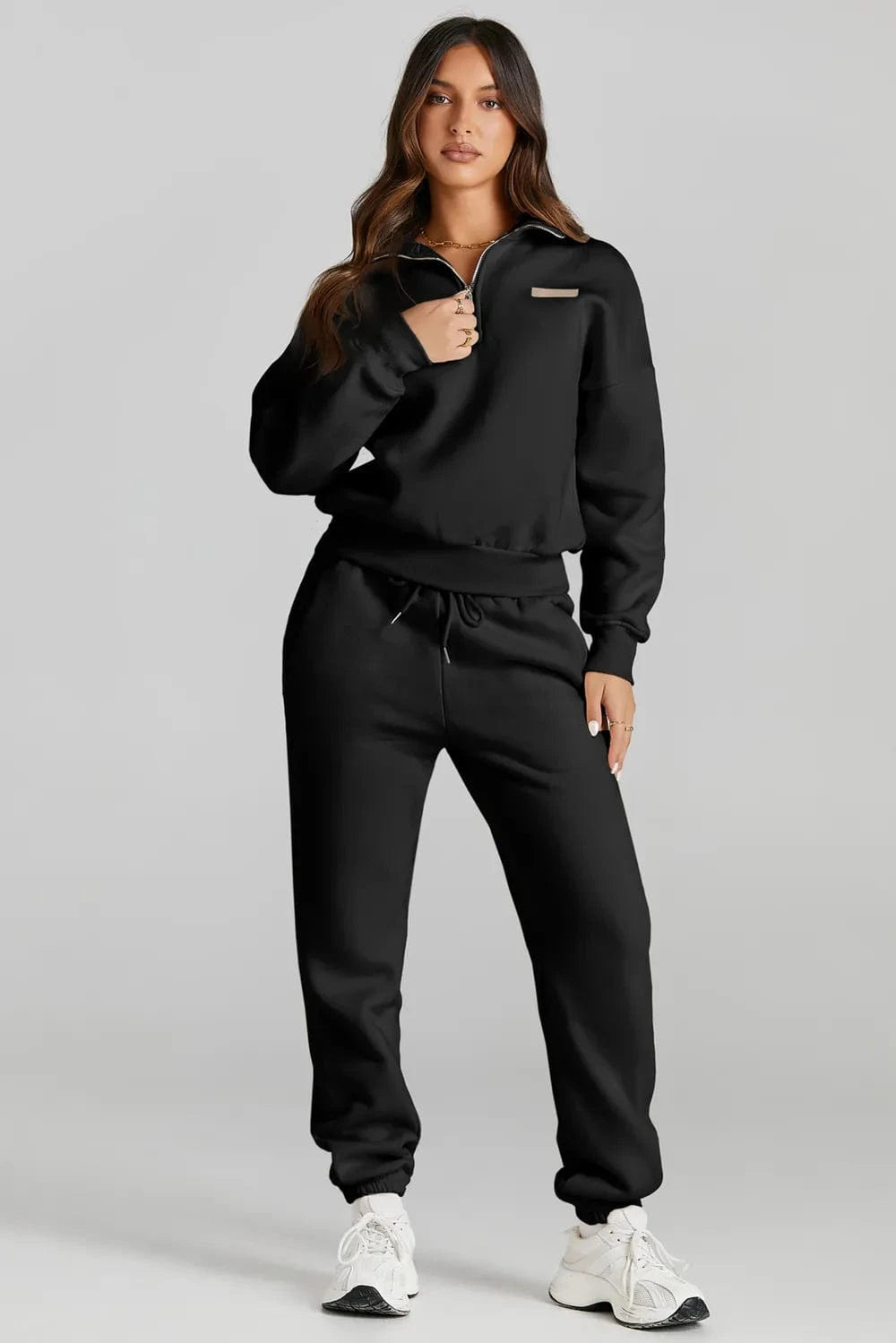 Quarter Zip Top and Drawstring Pants Active Set - ShalayeFashion