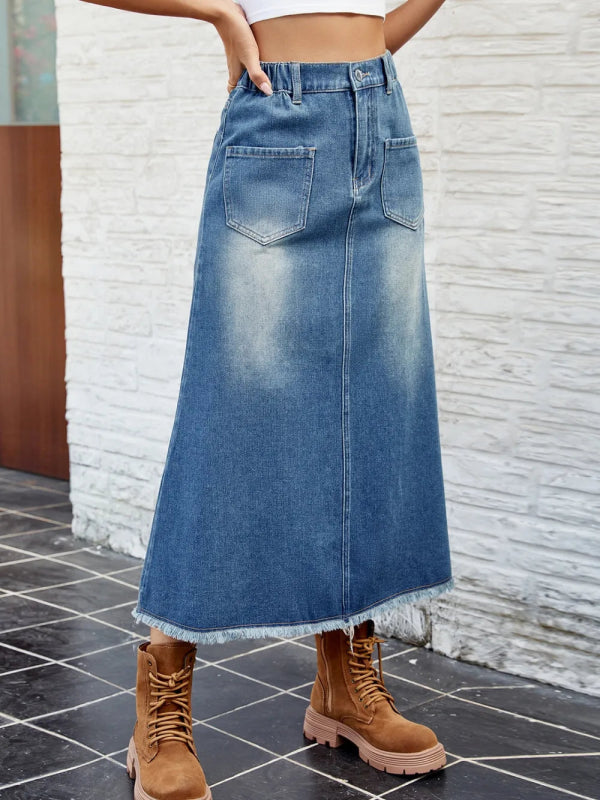 Raw Hem Denim Skirt with Pockets – Casual Chic Women’s Fashion - ShalayeFashion
