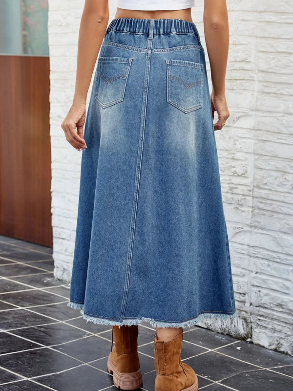 Raw Hem Denim Skirt with Pockets – Casual Chic Women’s Fashion - ShalayeFashion