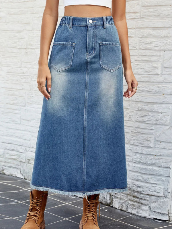 Raw Hem Denim Skirt with Pockets – Casual Chic Women’s Fashion - ShalayeFashion