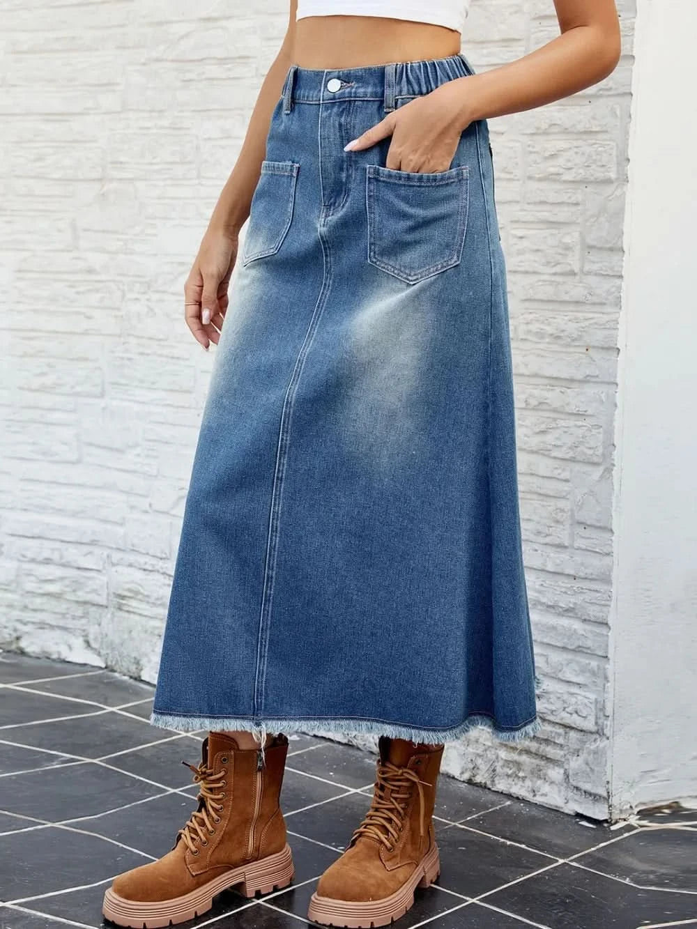 Raw Hem Denim Skirt with Pockets – Casual Chic Women’s Fashion - ShalayeFashion