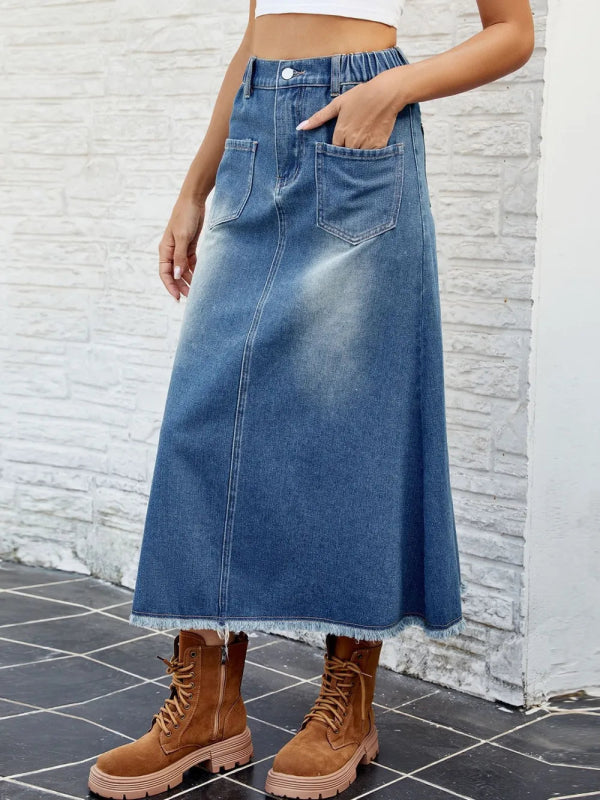Raw Hem Denim Skirt with Pockets – Casual Chic Women’s Fashion - ShalayeFashion