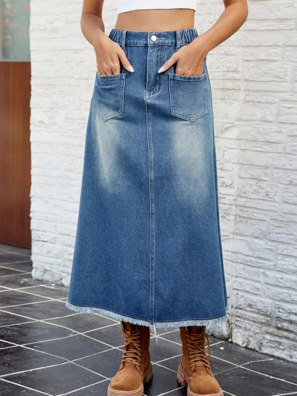 Raw Hem Denim Skirt with Pockets – Casual Chic Women’s Fashion - ShalayeFashion