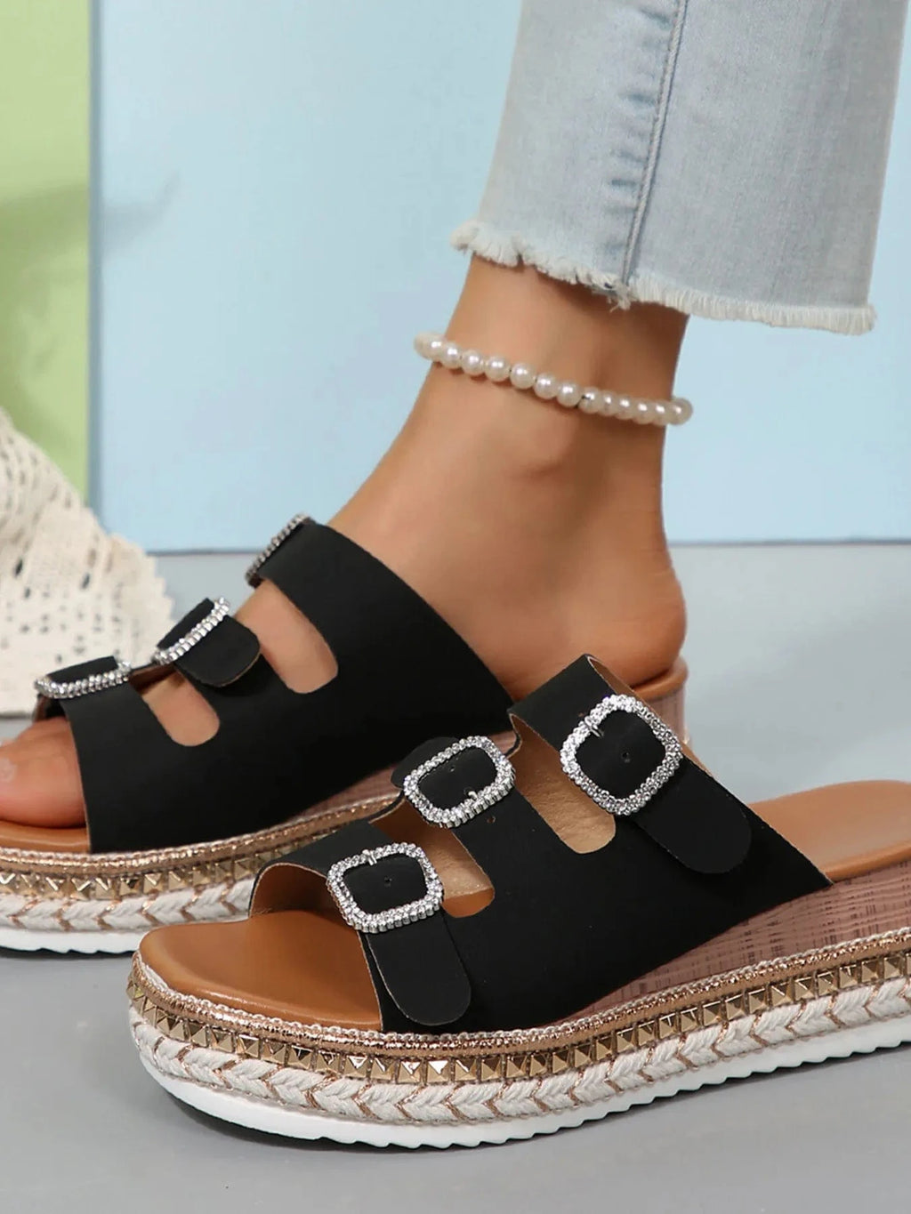 Rhinestone Buckle Platform Sandals - ShalayeFashion