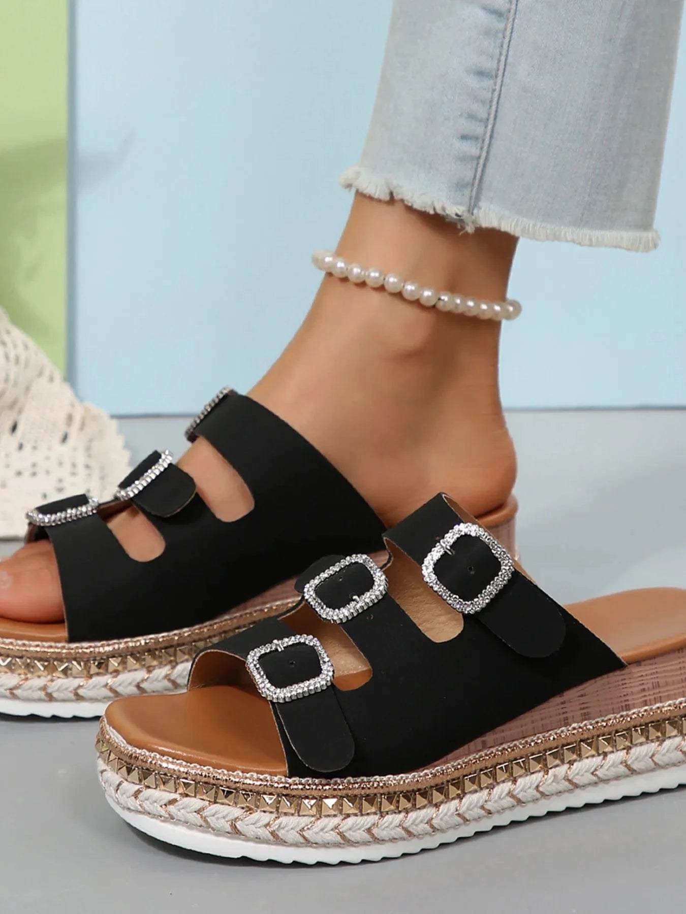 Rhinestone Buckle Platform Sandals - ShalayeFashion