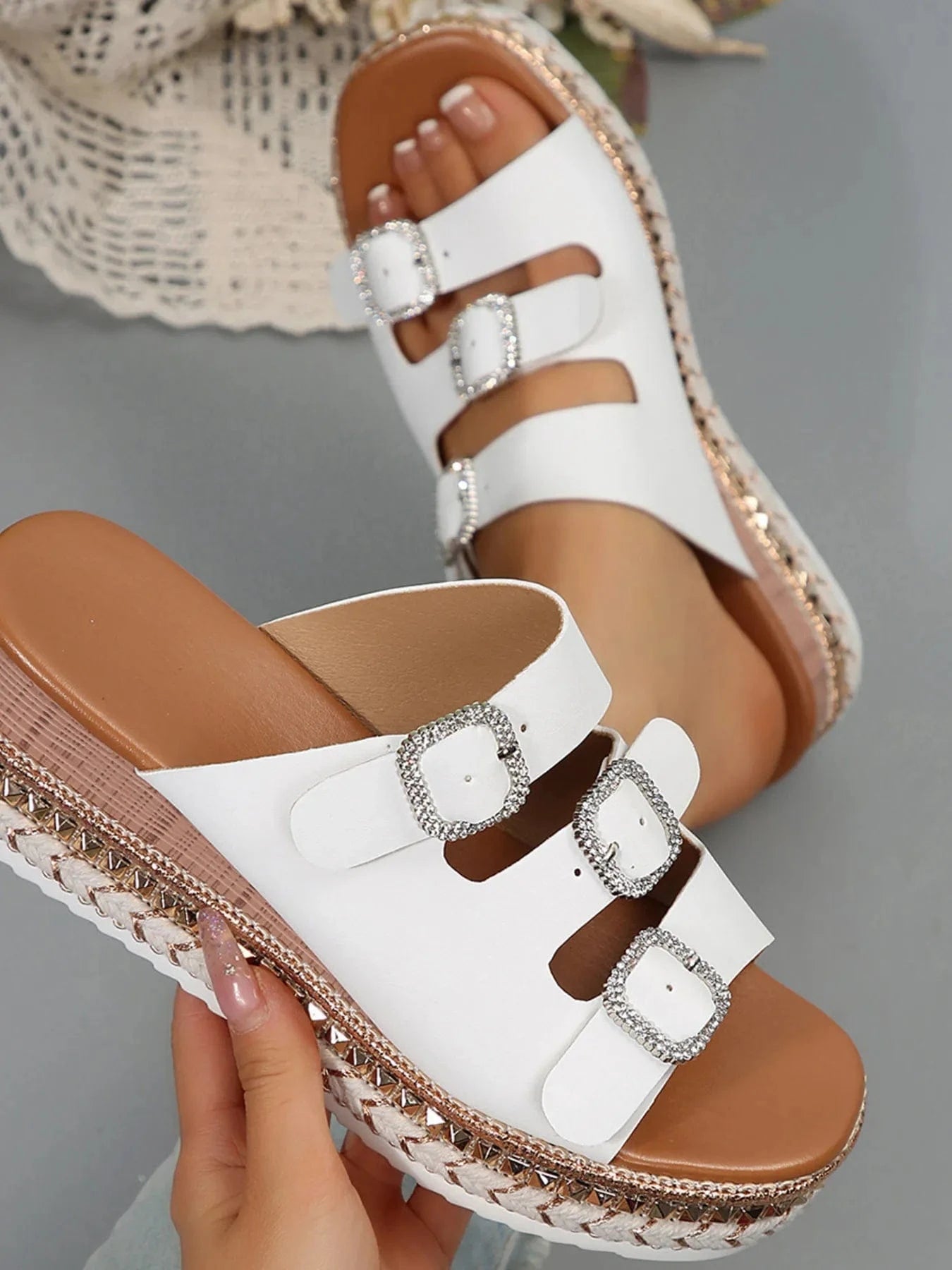 Rhinestone Buckle Platform Sandals - ShalayeFashion
