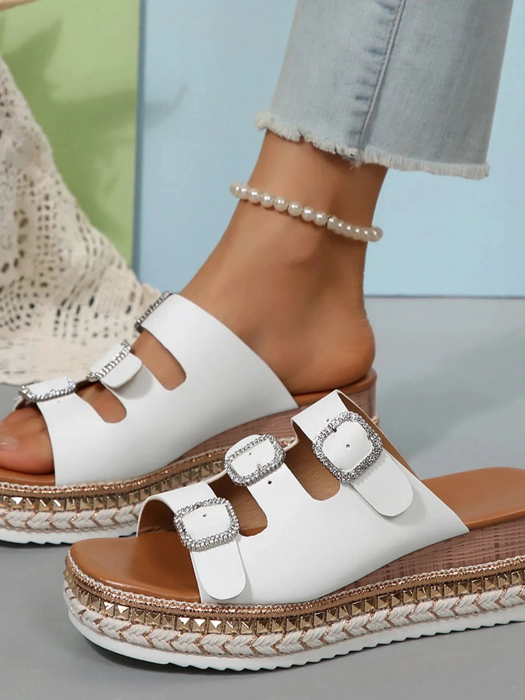 Rhinestone Buckle Platform Sandals - ShalayeFashion
