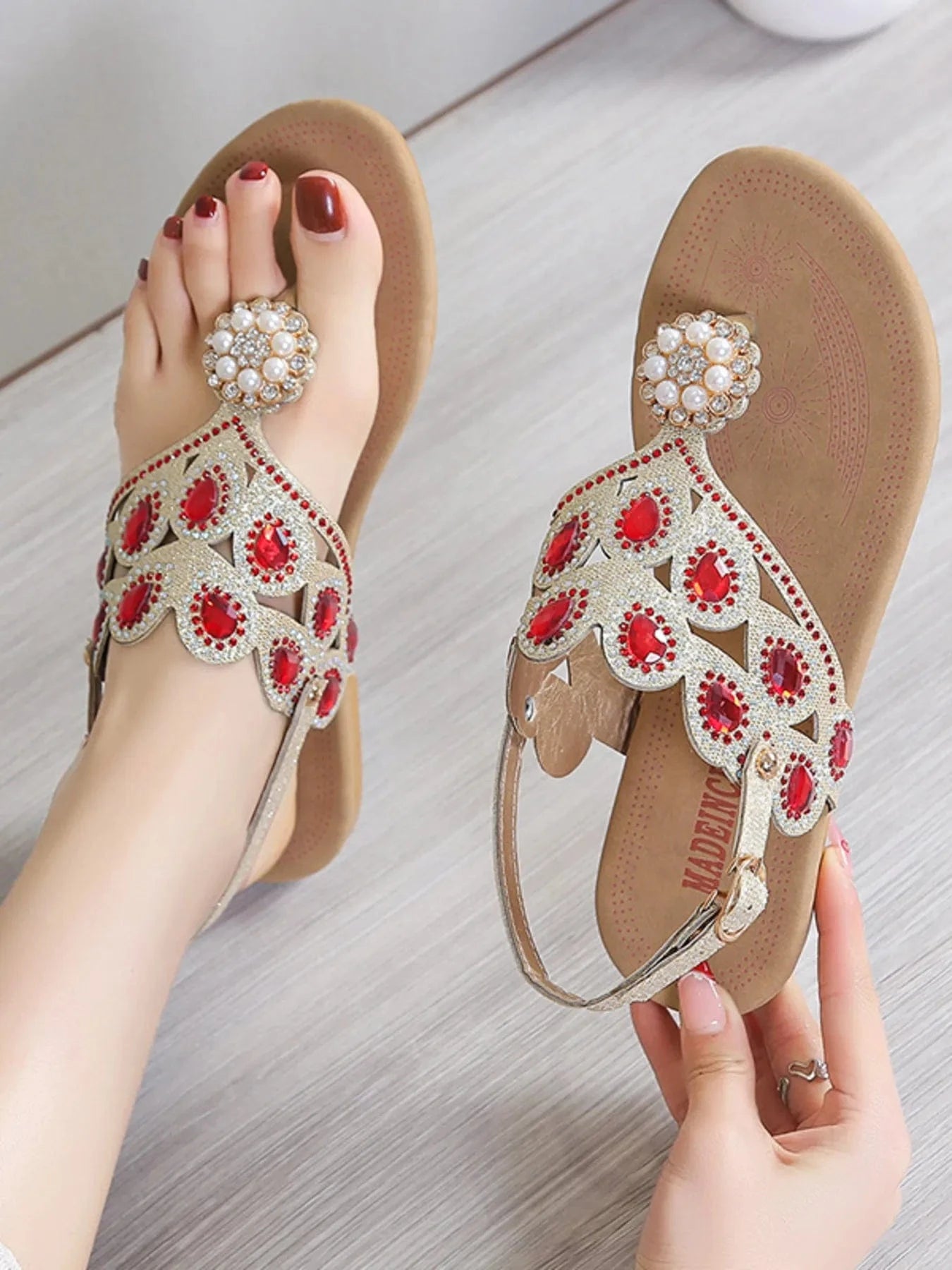 Rhinestone Embellished Flat Sandals - ShalayeFashion
