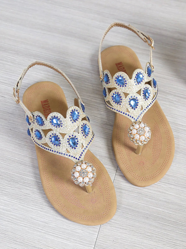 Rhinestone Embellished Flat Sandals - ShalayeFashion