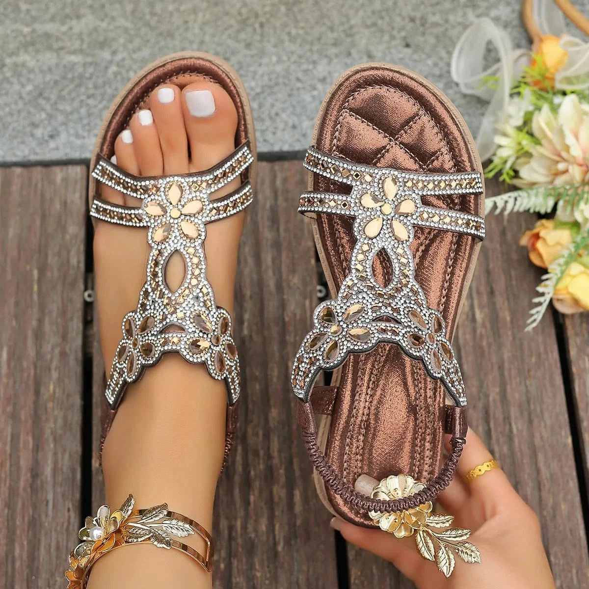 Rhinestone Embellished Flower Flat Sandals - ShalayeFashion