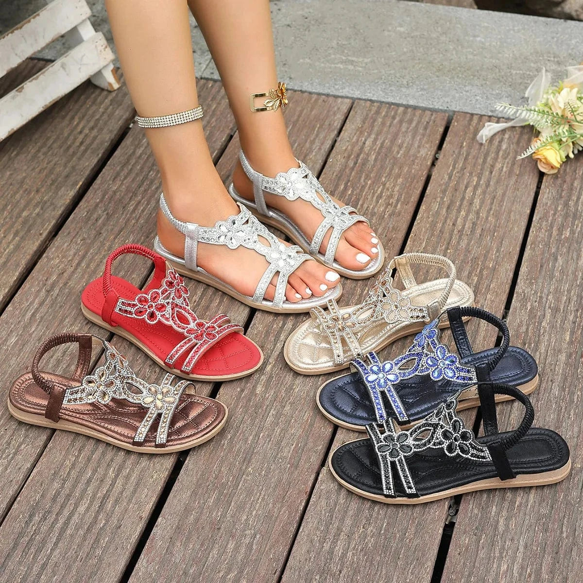 Rhinestone Embellished Flower Flat Sandals - ShalayeFashion