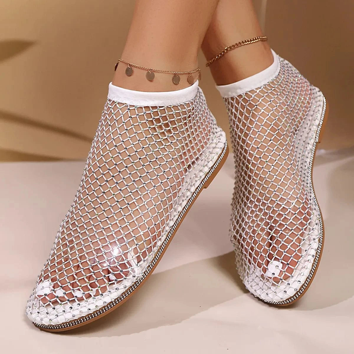 Rhinestone Mesh Flat Sandals - ShalayeFashion