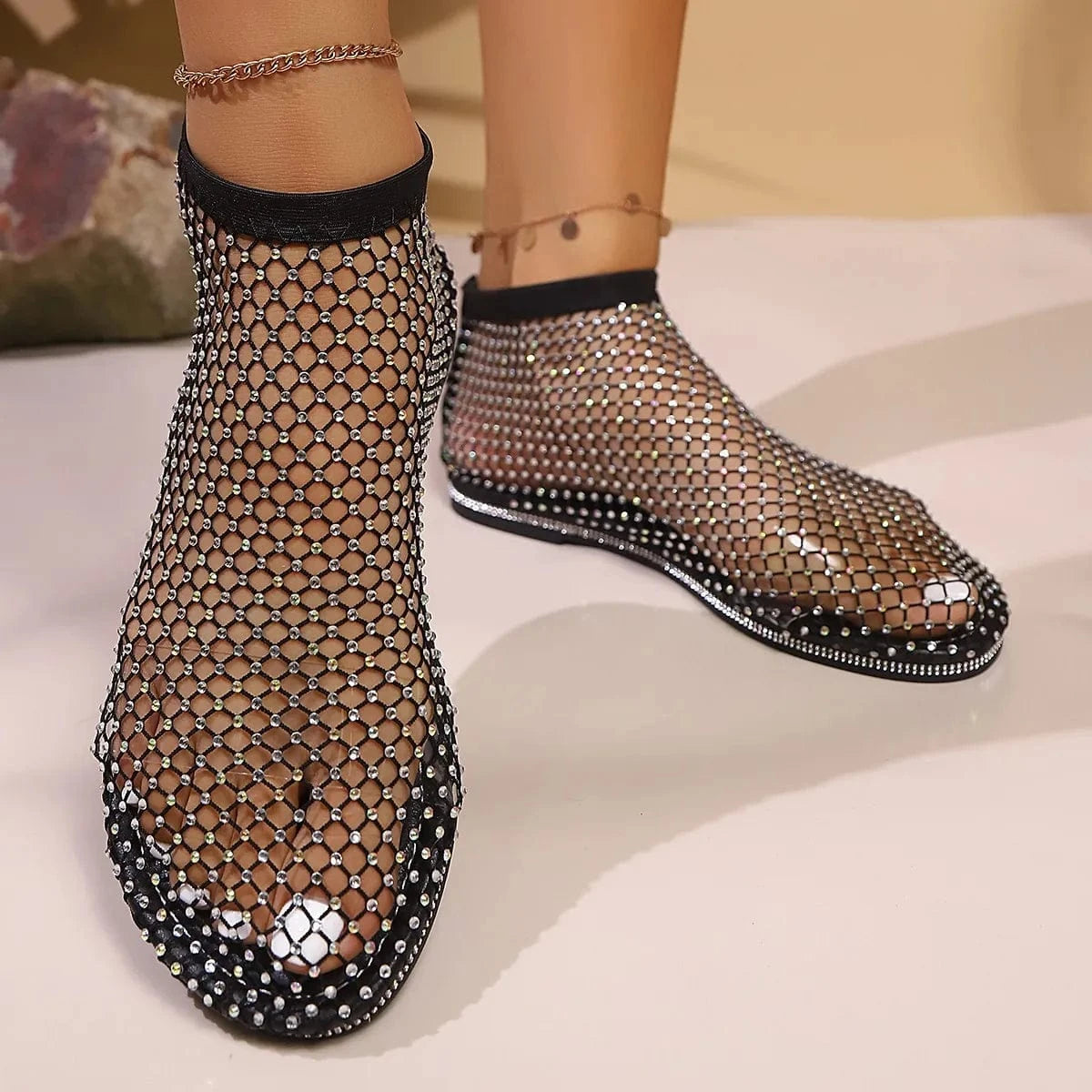 Rhinestone Mesh Flat Sandals - ShalayeFashion
