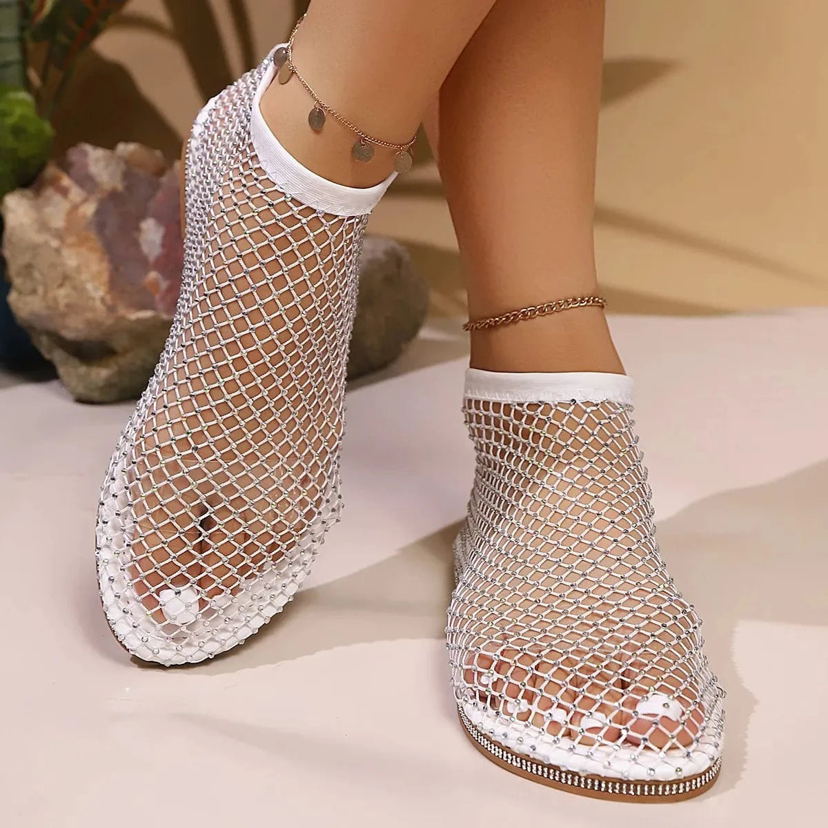 Rhinestone Mesh Flat Sandals - ShalayeFashion