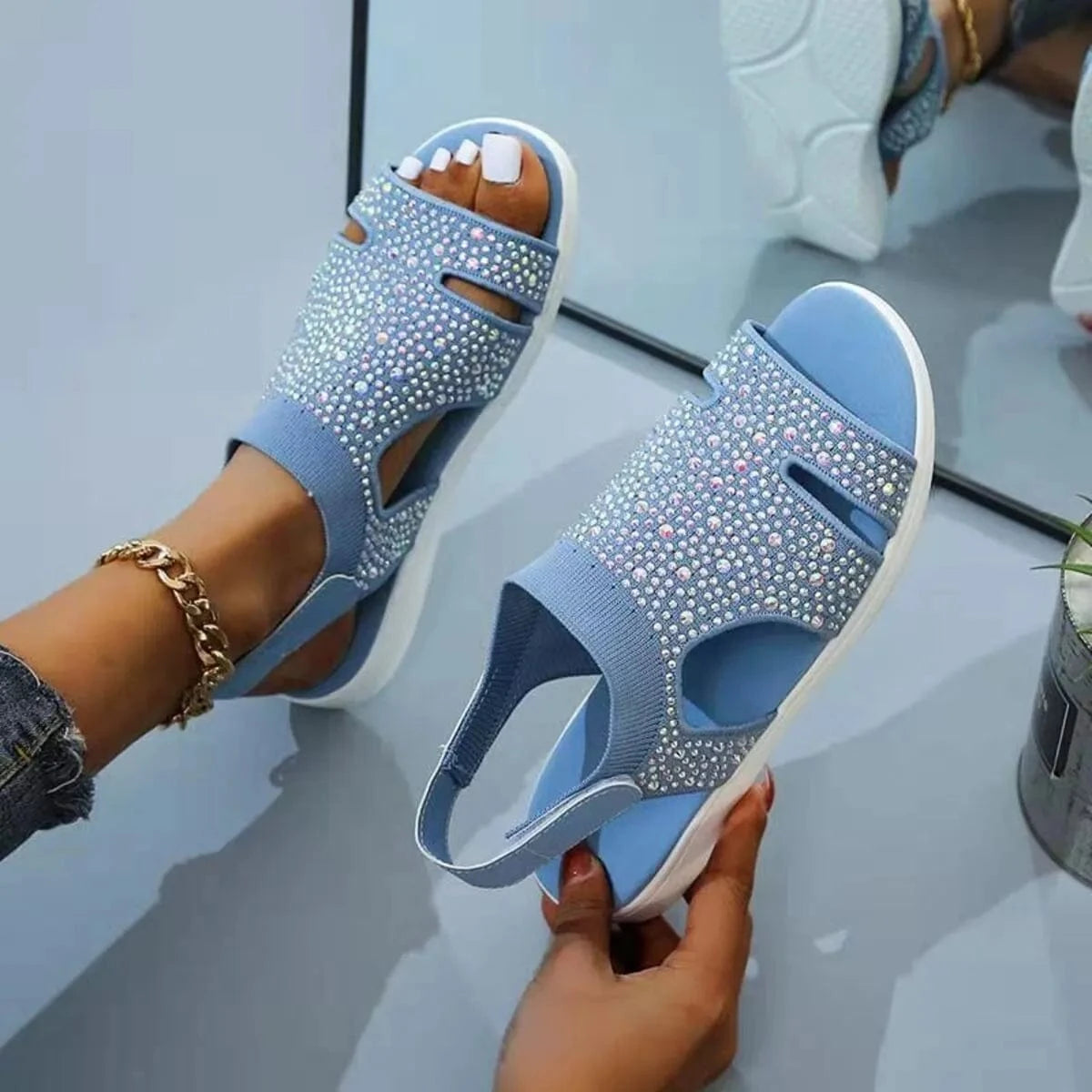 Rhinestone Open Toe Sandals - ShalayeFashion