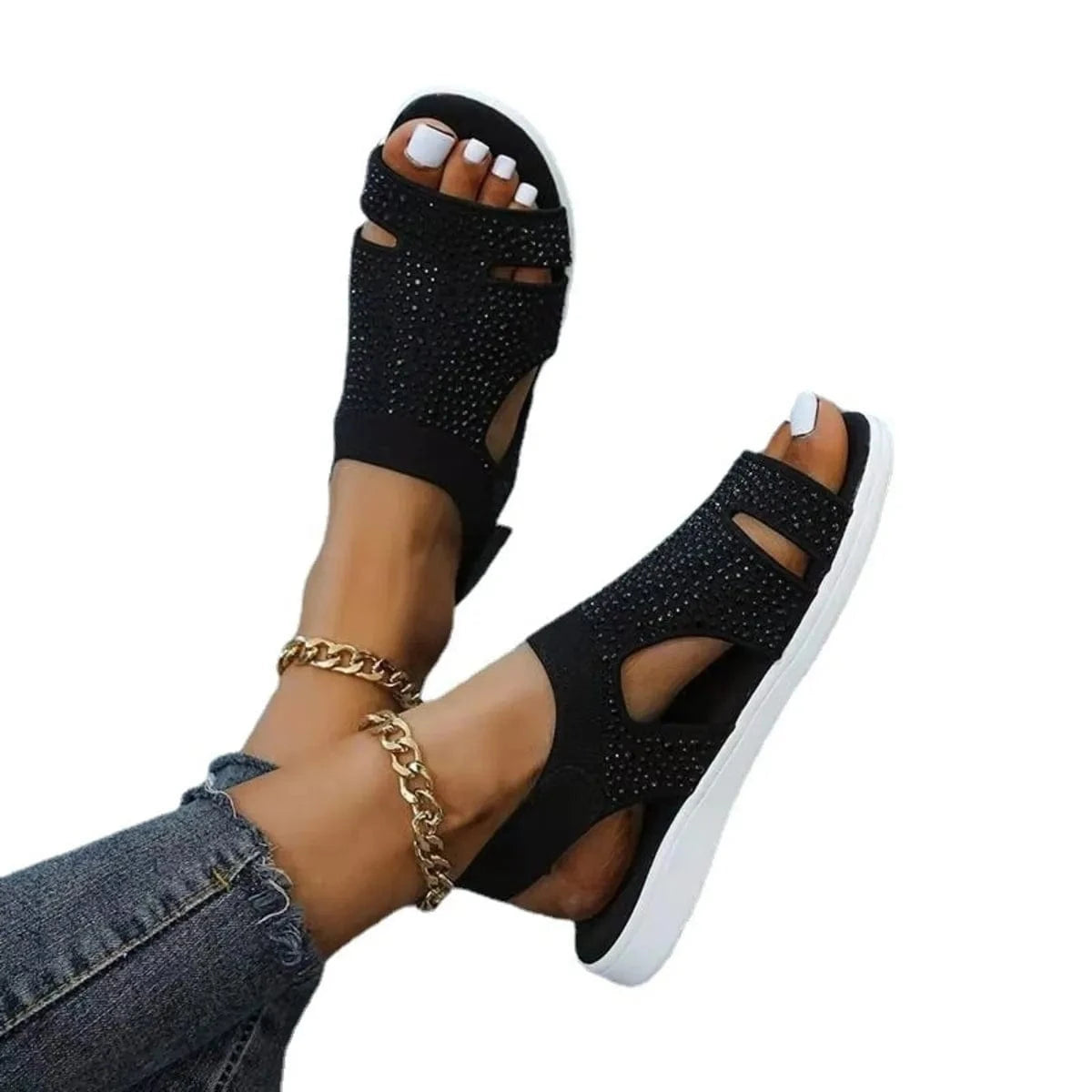 Rhinestone Open Toe Sandals - ShalayeFashion