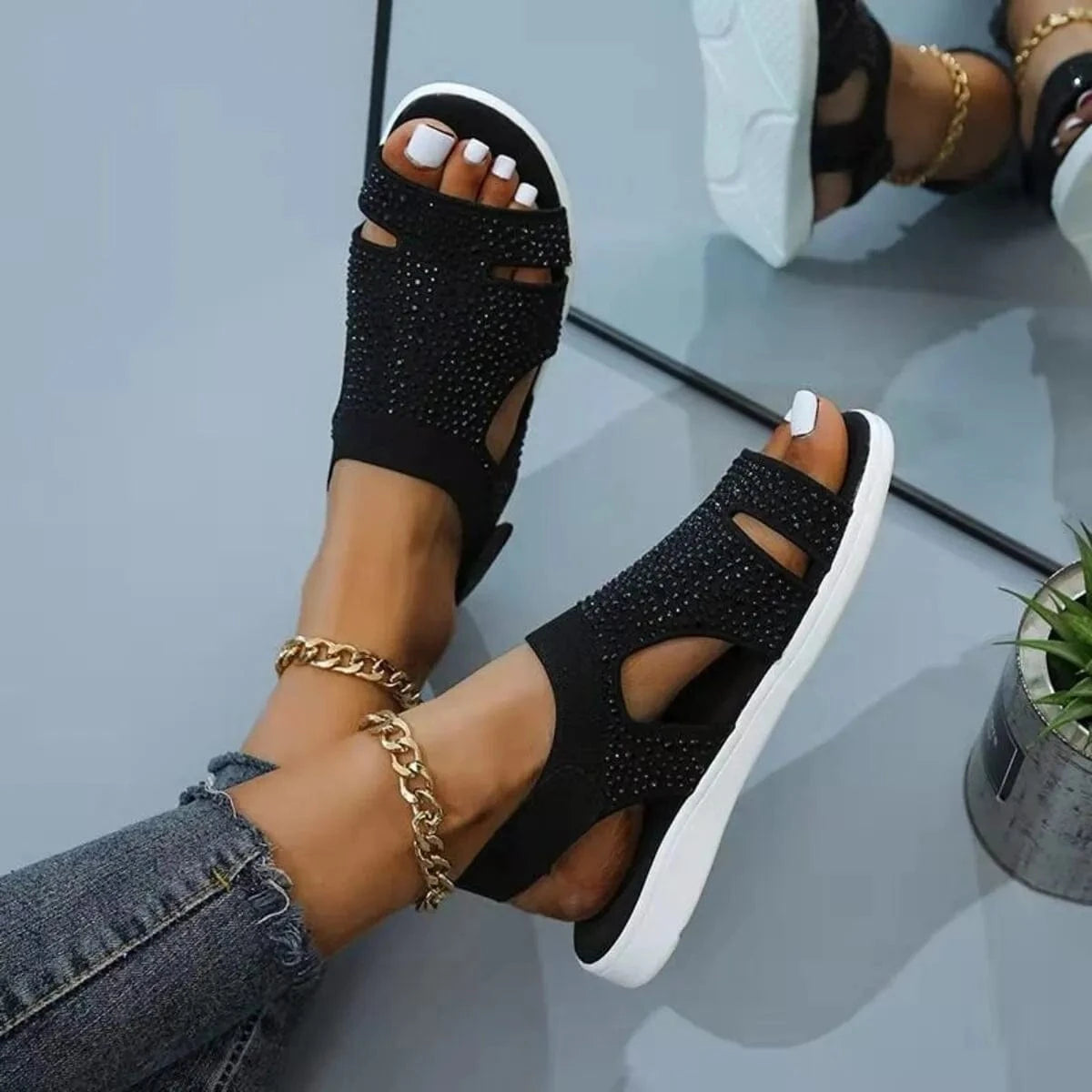 Rhinestone Open Toe Sandals - ShalayeFashion