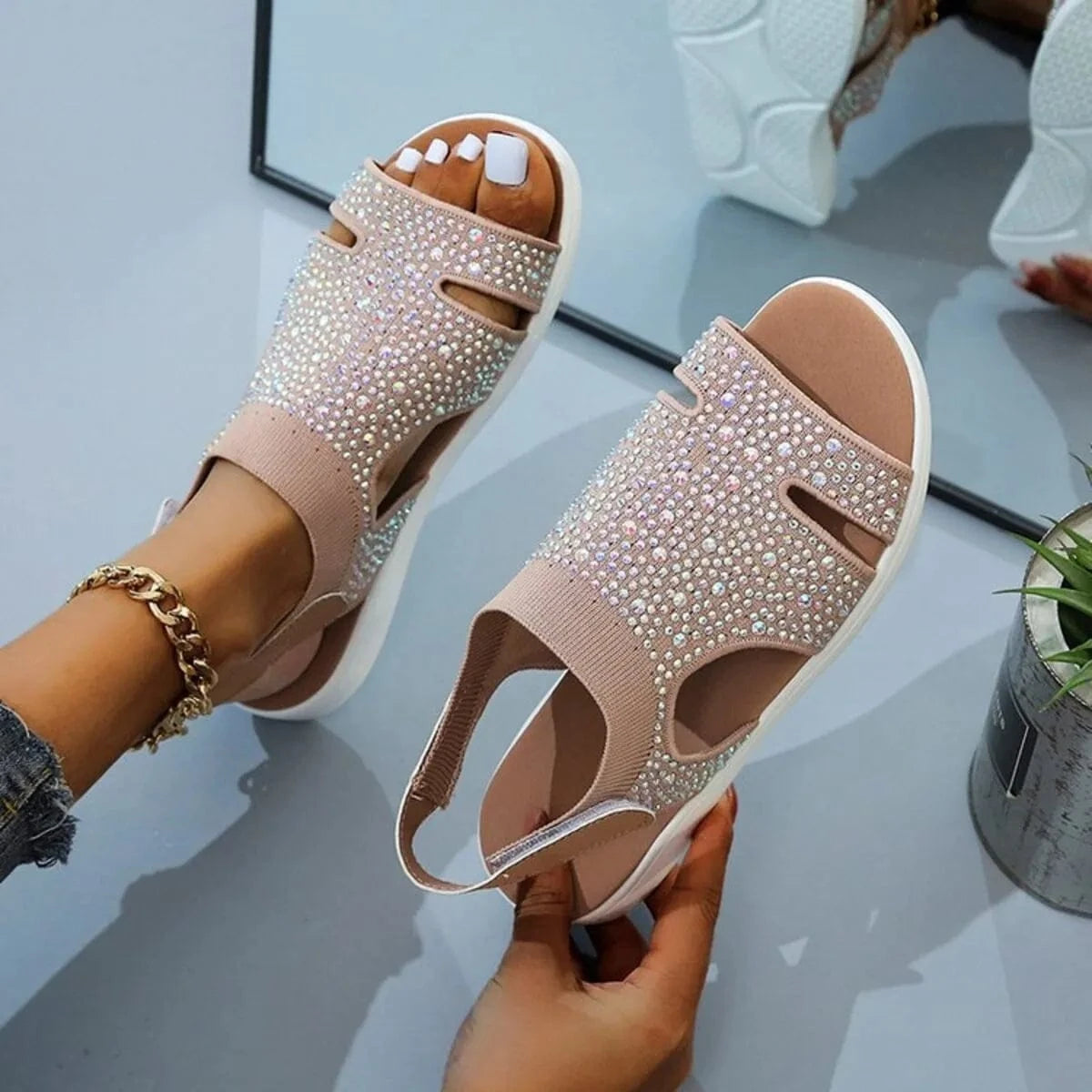 Rhinestone Open Toe Sandals - ShalayeFashion