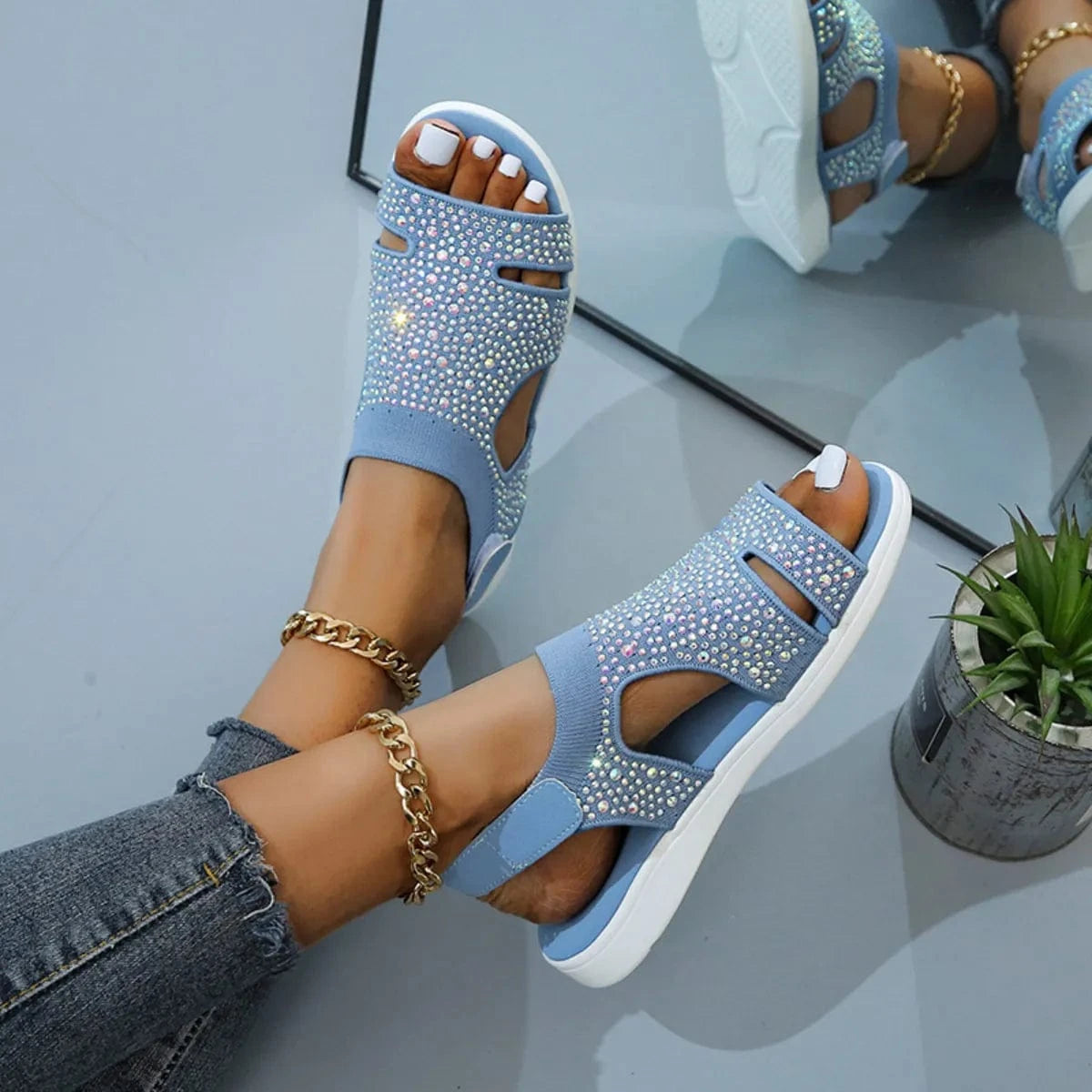 Rhinestone Open Toe Sandals - ShalayeFashion