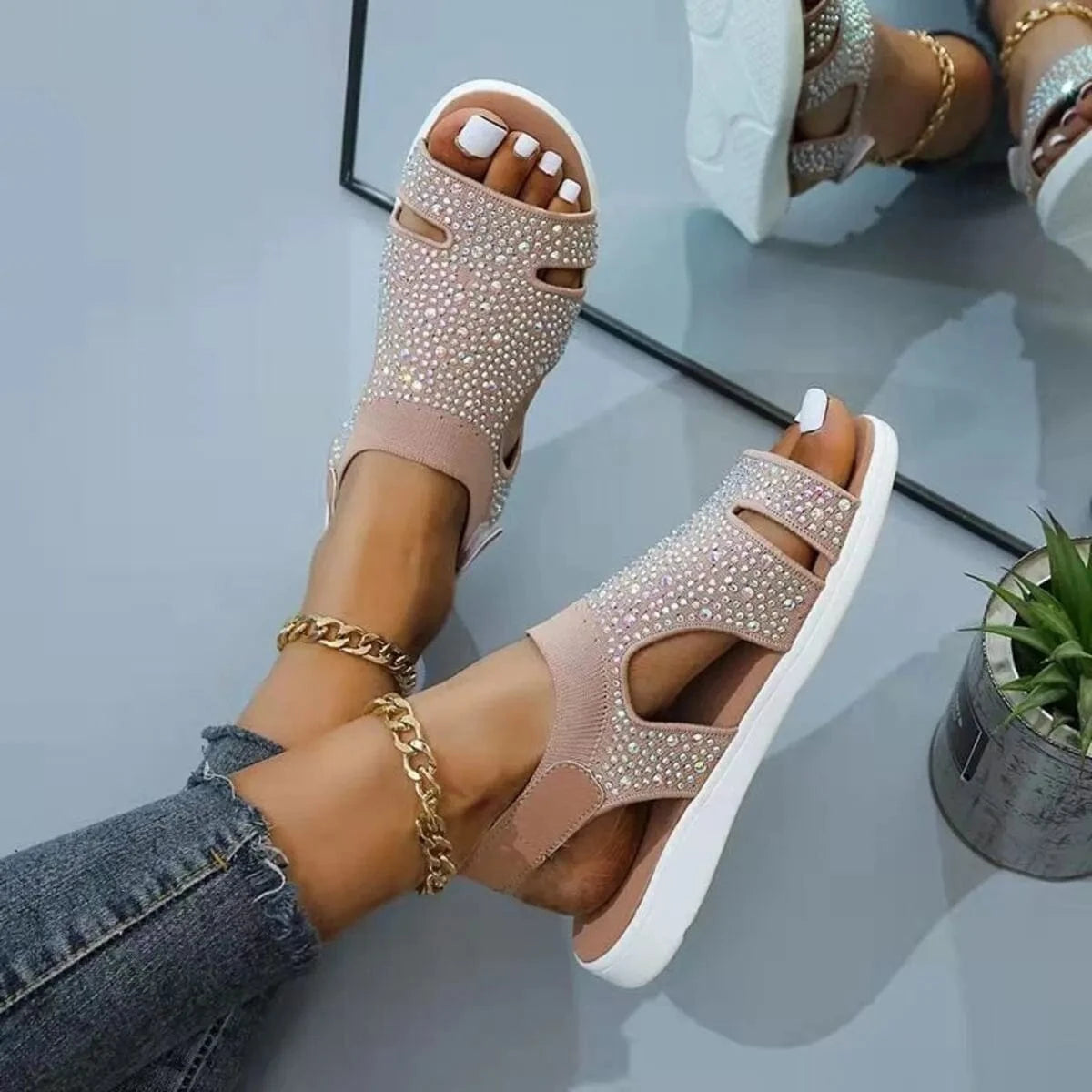Rhinestone Open Toe Sandals - ShalayeFashion