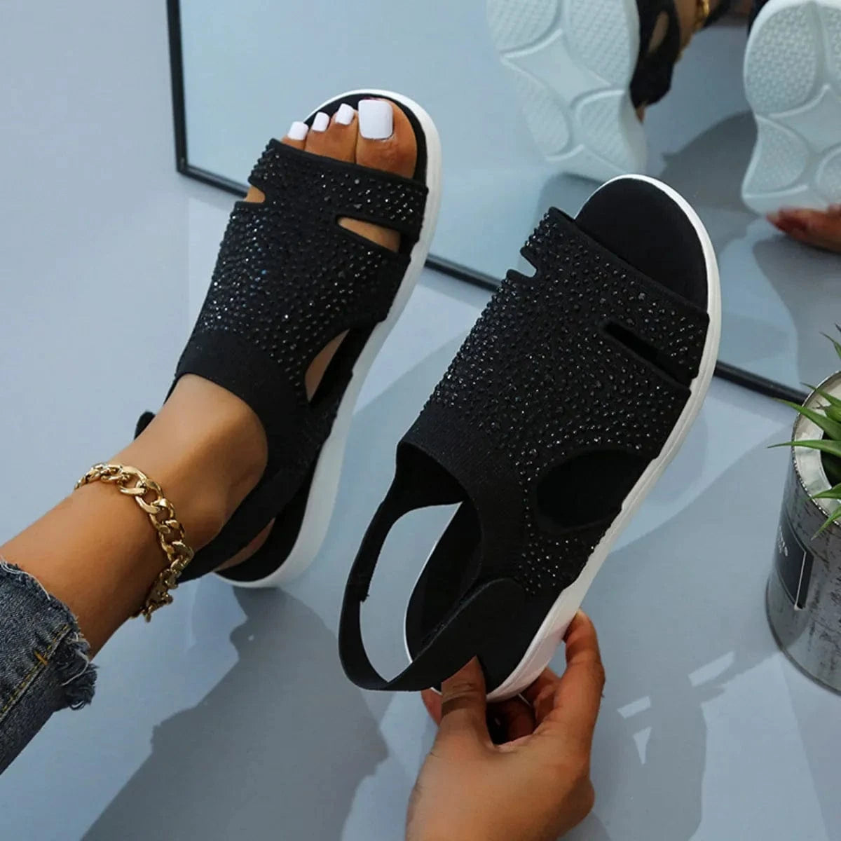 Rhinestone Open Toe Sandals - ShalayeFashion