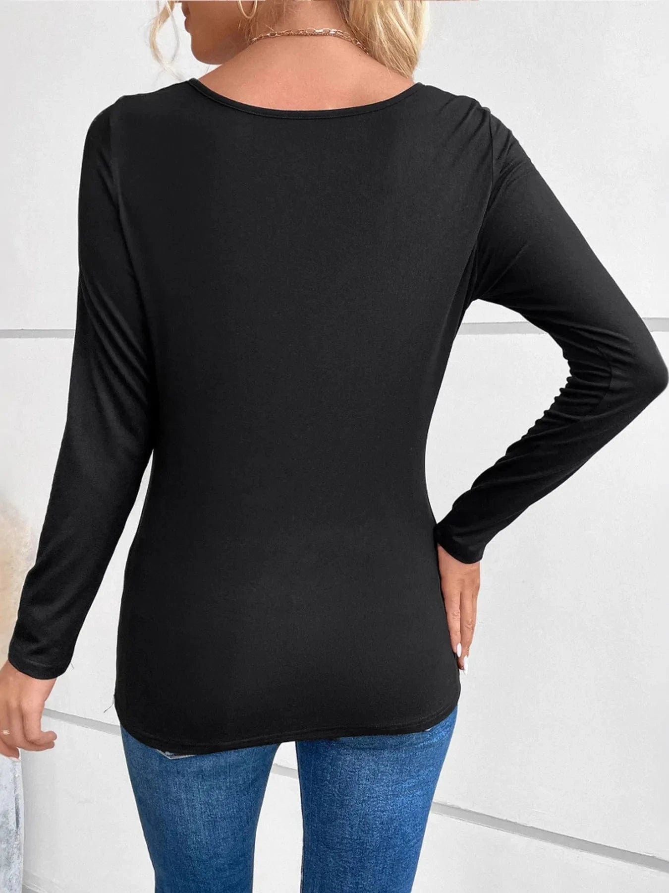 Rhinestone Ruched Long Sleeve T-Shirt - ShalayeFashion
