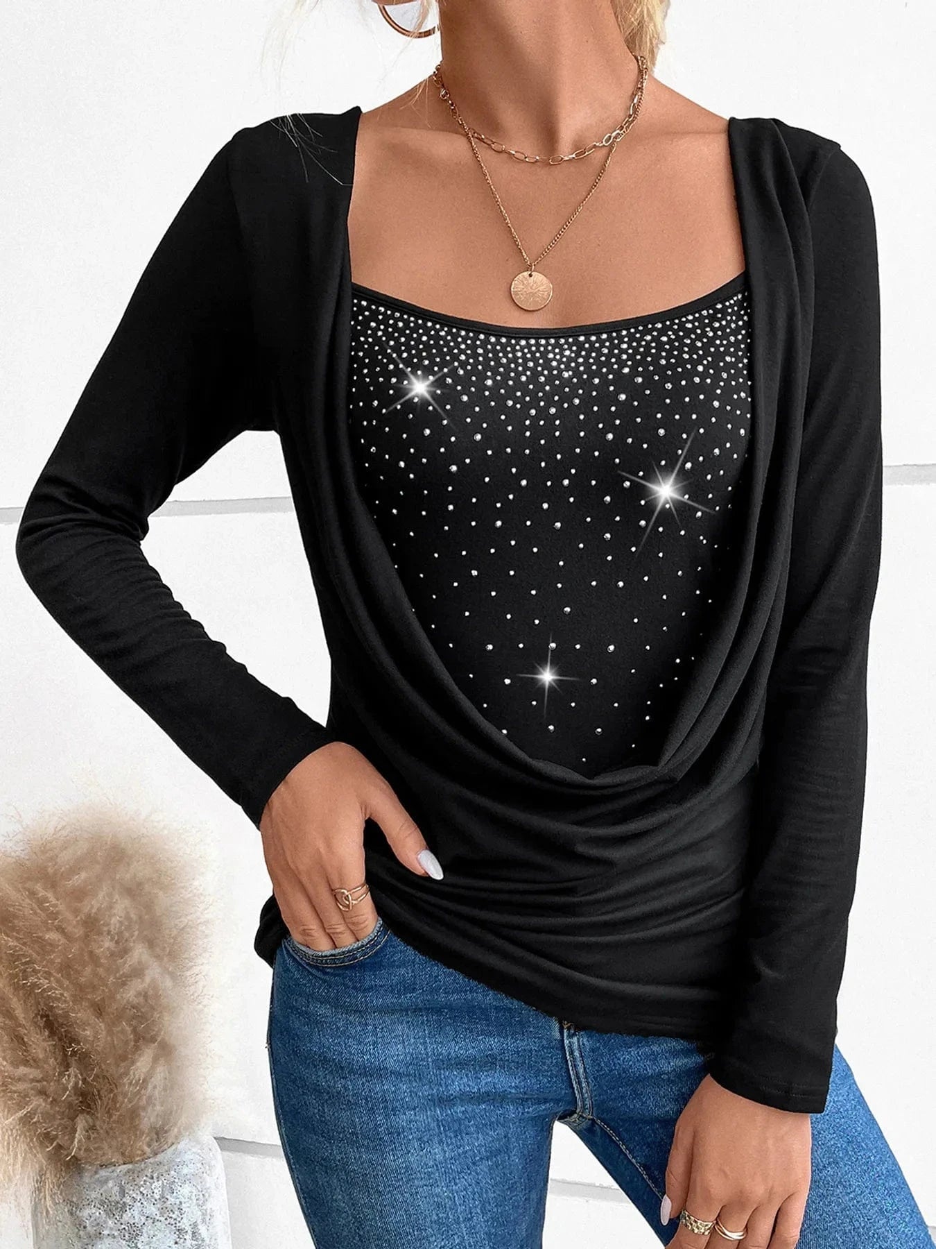 Rhinestone Ruched Long Sleeve T-Shirt - ShalayeFashion