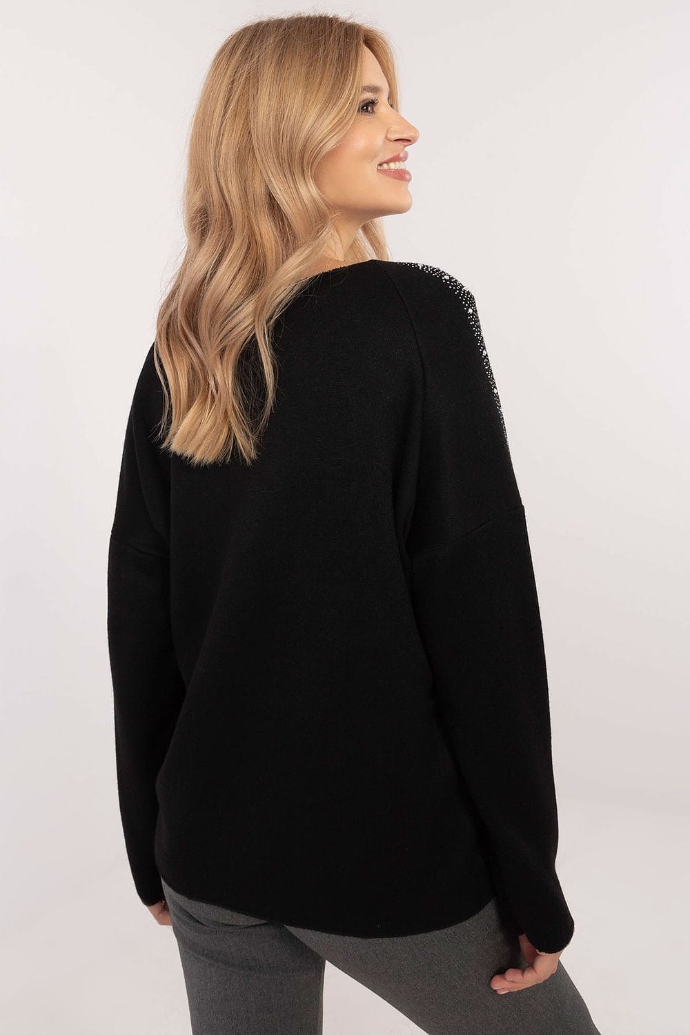 Rhinestone Sweater Elegant Round Neck - ShalayeFashion